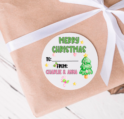 Pink and Green Christmas Tree Gift Tags - Party Favor Stickers - Several Sizes and Designs Available - CHR037 - Thatsawrapfavors