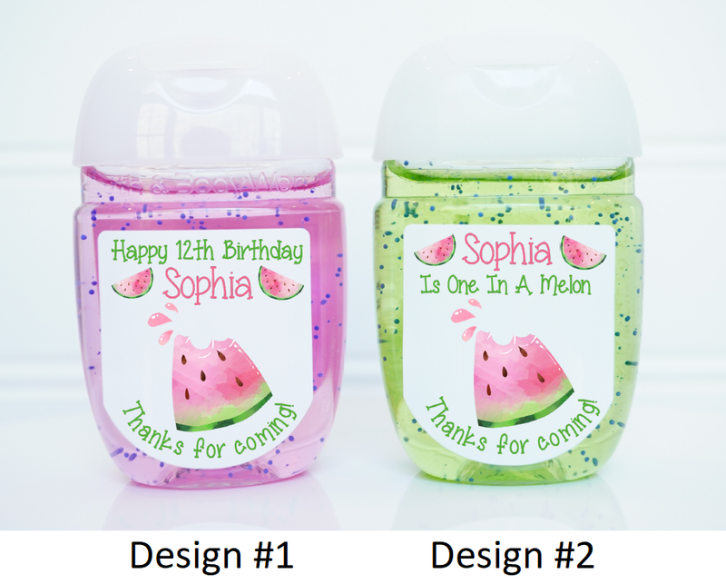 Watermelon Pink Theme Birthday Hand Sanitizer Labels - WTR100 - LABELS ONLY :) - Thatsawrapfavors