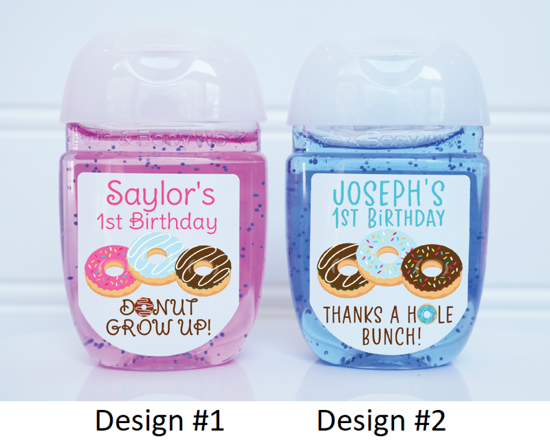 Donut Theme Birthday Hand Sanitizer Favor Labels - 4 Designs to Choose From - DON102 - LABELS ONLY :) - Thatsawrapfavors