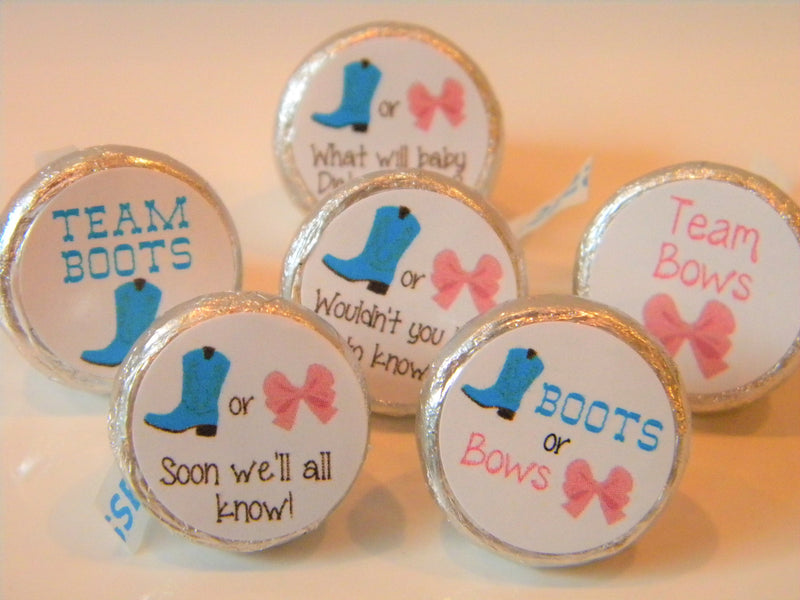 Boots or Bows Gender Reveal Baby Shower Hershey Kiss Stickers - BOB002 - STICKERS ONLY :) - Thatsawrapfavors