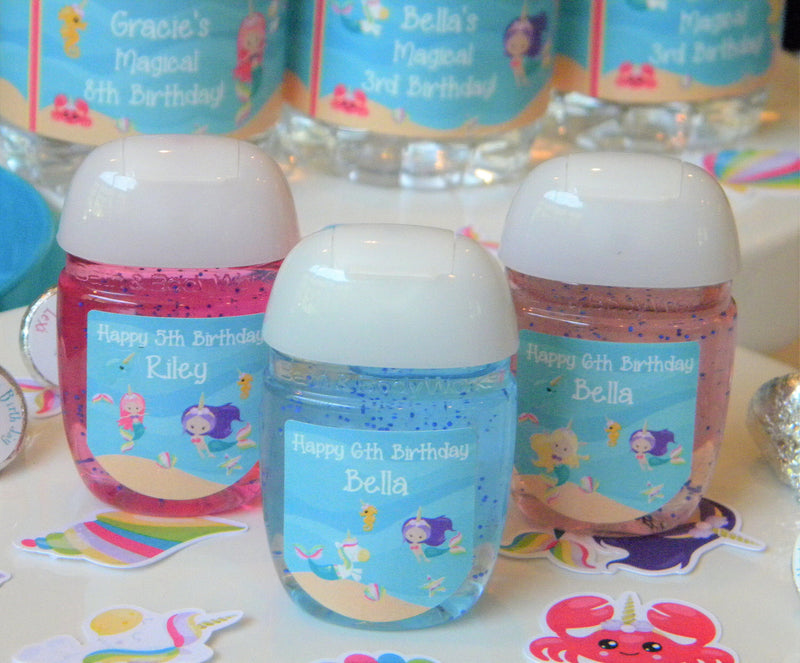 Mermaid Unicorn Theme Birthday Party Hand Sanitizer Labels - MER101 - LABELS ONLY :) - Thatsawrapfavors