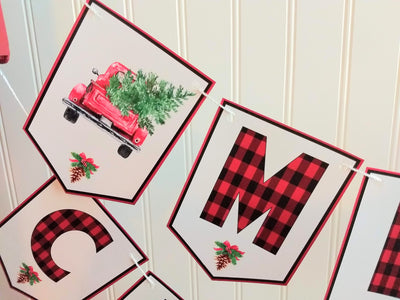 INSTANT DOWNLOAD Red Truck Buffalo Plaid Merry Christmas Printable Party Banner - YOU Print :) - Thatsawrapfavors