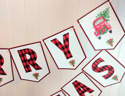 INSTANT DOWNLOAD Red Truck Buffalo Plaid Merry Christmas Printable Party Banner - YOU Print :) - Thatsawrapfavors