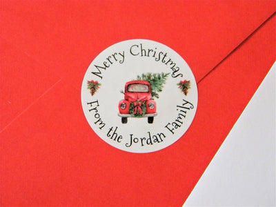Vintage Red Truck Christmas Card Envelope Seals - CHR025 - STICKERS ONLY :) - Thatsawrapfavors