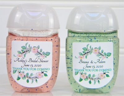 Eucalyptus Wreath and Pink Floral Bridal Shower / Wedding Hand Sanitizer Labels - PFL110 - LABELS ONLY - Thatsawrapfavors