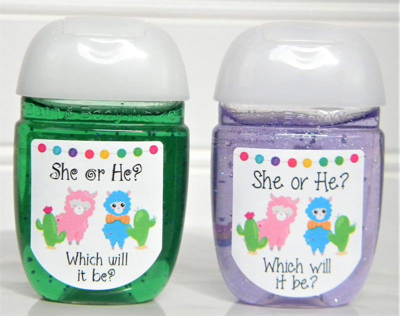 He or She Llama Cactus Gender Reveal Baby Shower Hand Sanitizer Favors - LLA103 - LABELS ONLY :) - Thatsawrapfavors