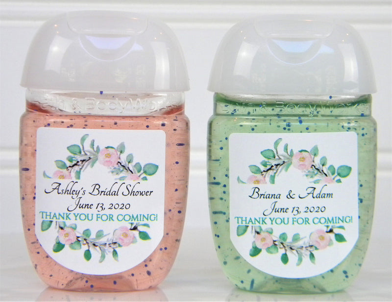 Eucalyptus Wreath and Pink Floral Wedding or Bridal Shower Hand Sanitizer Labels - PFL111 - LABELS ONLY - Thatsawrapfavors