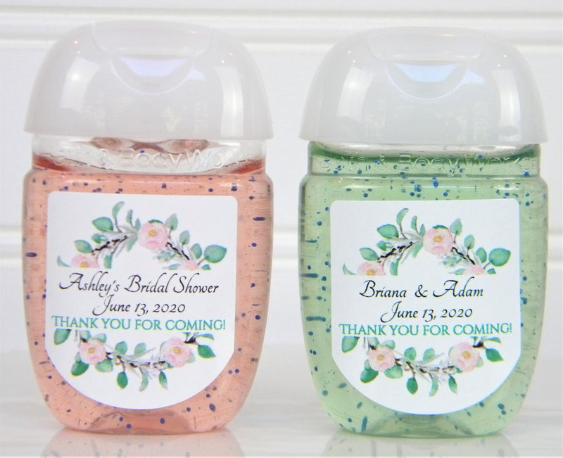 Eucalyptus Wreath and Pink Floral Wedding or Bridal Shower Hand Sanitizer Labels - PFL111 - LABELS ONLY - Thatsawrapfavors