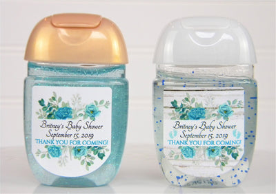 Teal Blue Floral Baby Shower Hand Sanitizer BFL101 - LABELS ONLY - Thatsawrapfavors