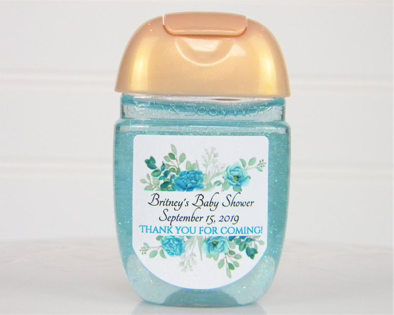 Teal Blue Floral Baby Shower Hand Sanitizer BFL101 - LABELS ONLY - Thatsawrapfavors