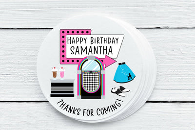 50's Theme Party Favor Labels - Sticker Gift Tags - Several Sizes Available - 50S025 - Thatsawrapfavors