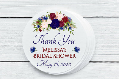 Navy and Burgundy Floral Bridal Shower Favor Labels - Gift Tags - Several Sizes Available - NBF025 - Thatsawrapfavors