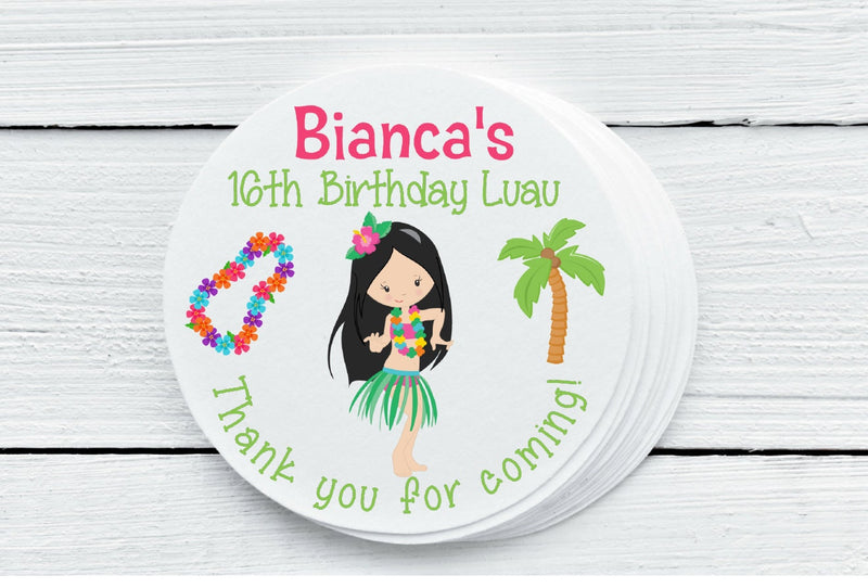 Hawaiian Luau Theme Birthday Party Favor Labels - Gift Tags - Several Sizes Available  - HAW025 - Thatsawrapfavors