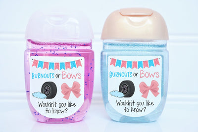 Burnouts or Bows Theme Gender Reveal Hand Sanitizer Baby Shower Favors - BRB100 - LABELS ONLY :) - Thatsawrapfavors