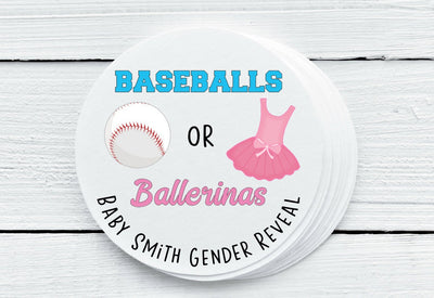 Baseballs or Ballerinas Theme Gender Reveal Favor Labels - Gift Tags - Several Sizes Available - BAB025 - Thatsawrapfavors