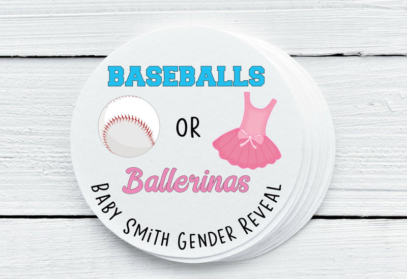 Baseballs or Ballerinas Theme Gender Reveal Favor Labels - Gift Tags - Several Sizes Available - BAB025 - Thatsawrapfavors