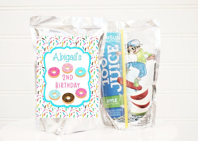 Donut Theme Birthday Party Juice Pouch Labels - DON260 - LABELS ONLY :) - Thatsawrapfavors