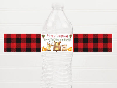 Buffalo Plaid Woodland Animal Theme Christmas Party Water Bottle Labels - CBP221 - LABELS ONLY :) - Thatsawrapfavors