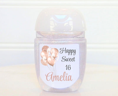 Rose Gold Balloons Sweet 16 Birthday Hand Sanitizer Favor Labels - BAL101 - LABELS ONLY :) - Thatsawrapfavors