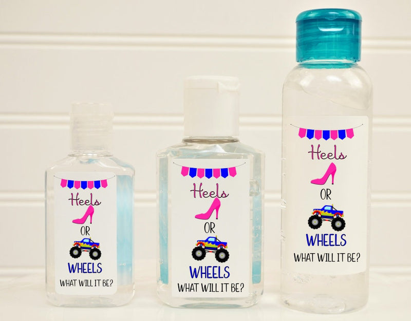Heels or Wheels Gender Reveal Hand Sanitizer Labels - Several Size Options - HOW141 - LABELS ONLY :) - Thatsawrapfavors