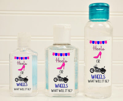 Heels or Wheels Gender Reveal Hand Sanitizer Labels - Several Size Options - HOW140 - LABELS ONLY :) - Thatsawrapfavors