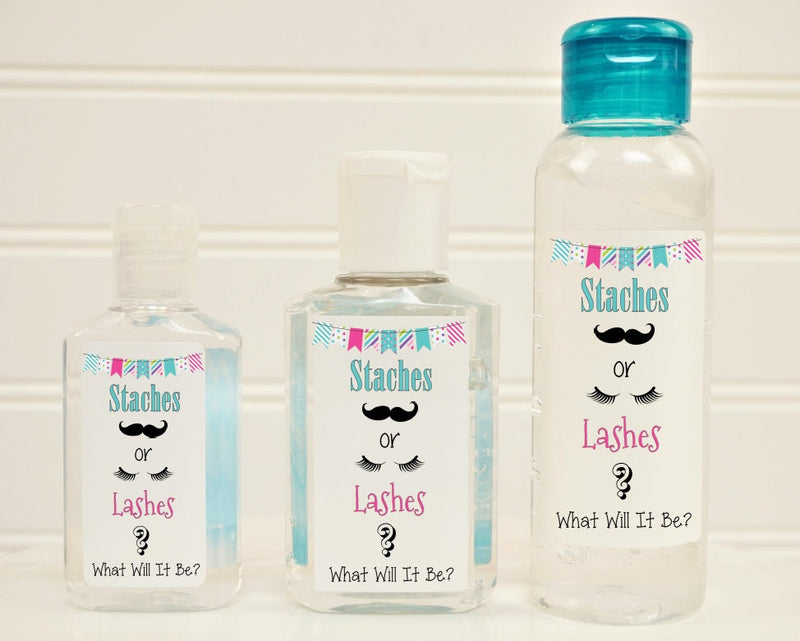 Staches or Lashes Theme Gender Reveal Hand Sanitizer Labels - Several Size Options - SOL140 - LABELS ONLY :) - Thatsawrapfavors