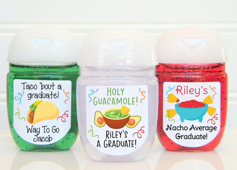 Taco Nacho Guacamole Theme Graduation Party Hand Sanitizer Labels - Fiesta Theme - TAG100 - LABELS ONLY - Thatsawrapfavors