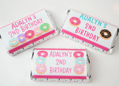 Donut Theme Birthday Party Hershey Miniatures Labels - DON340 - STICKERS ONLY :) - Thatsawrapfavors