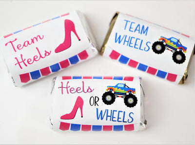 Heels or Wheels Theme Gender Reveal Hershey Miniatures Party Favor Labels - HOW341 - STICKERS ONLY :) - Thatsawrapfavors