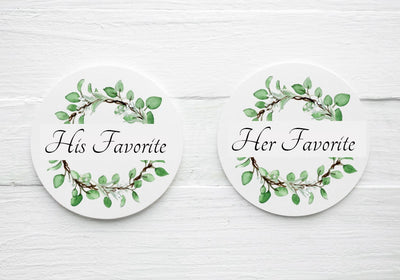 His and Her Favorite Eucalyptus Wreath Wedding Labels - Gift Tags - Several Sizes Available- EUC027 - Thatsawrapfavors
