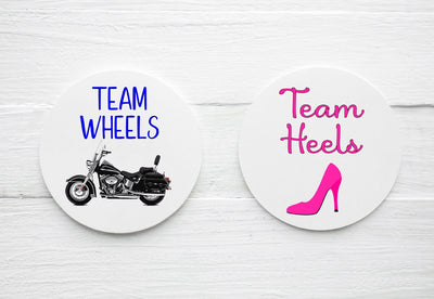 Team Heels Team Wheels Motorcycle Gender Reveal Favor Labels - Half of Each - Gift Tags - Several Sizes Available - HOW027 - Thatsawrapfavors