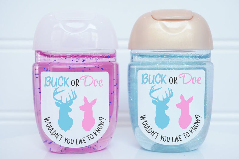 Buck or Doe Gender Reveal Hand Sanitizer Baby Shower Party Favor Labels - BOD100 - LABELS ONLY :) - Thatsawrapfavors