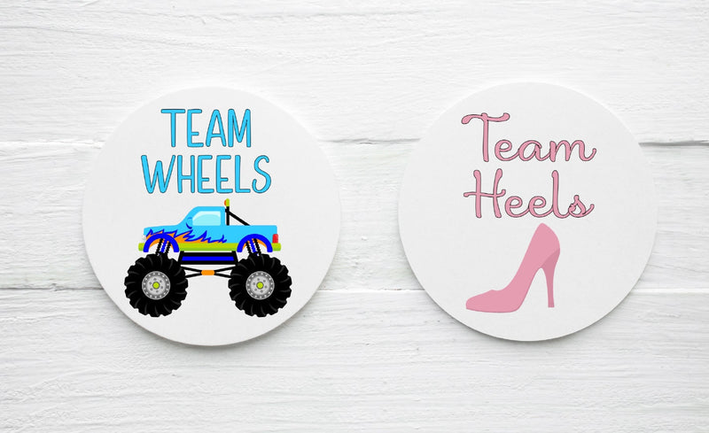 Team Heels Team Wheels Theme Gender Reveal Favor Labels - Half of Each - Gift Tags - Several Sizes Available - HOW025 - Thatsawrapfavors