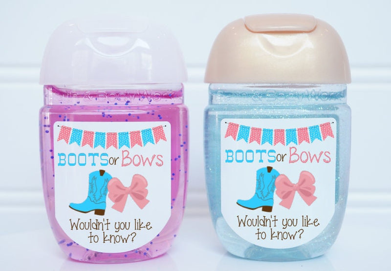 Boots or Bows Gender Reveal Hand Sanitizer Baby Shower Favor Labels - BOB100 - LABELS ONLY :) - Thatsawrapfavors