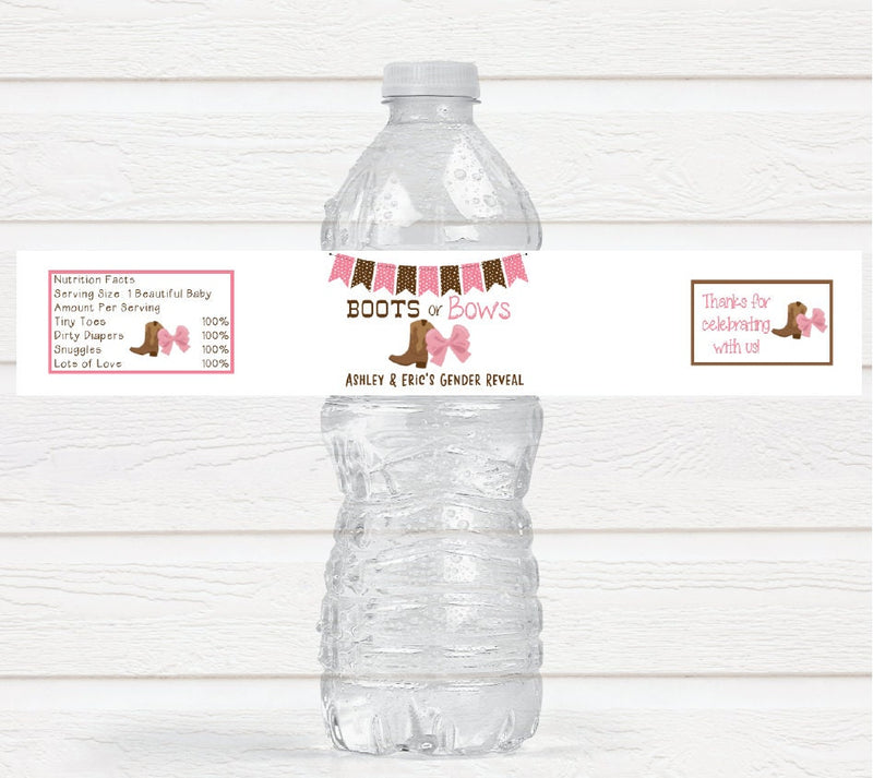 Boots or Bows Gender Reveal Baby Shower Water Bottle Labels - BOB221 - LABELS ONLY :) - Thatsawrapfavors