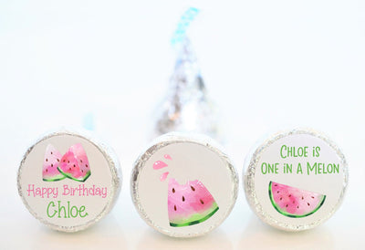 Pink Watermelon Theme Hershey Kiss Birthday Stickers - WTR001 - STICKERS ONLY :) - Thatsawrapfavors