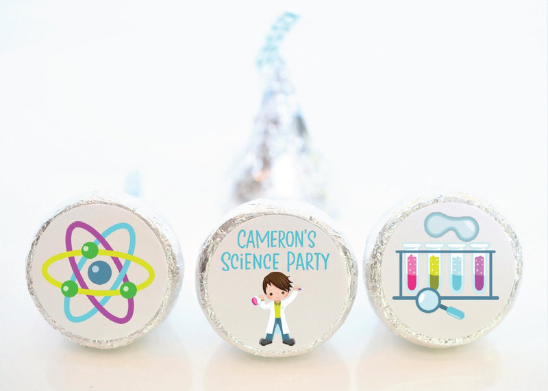 Mad Scientist Birthday Party Hershey Kiss Stickers - SCI002 - STICKERS ONLY :) - Thatsawrapfavors
