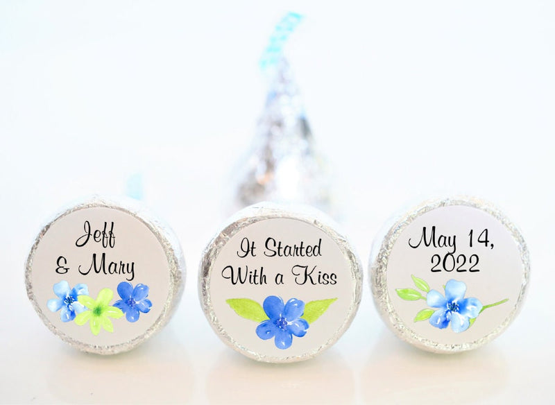 Blue Floral Wedding Hershey Kiss Stickers - BFL001 - STICKERS ONLY :) - Thatsawrapfavors