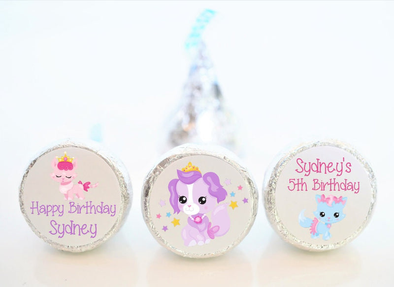 Princess Puppy and Kitty Birthday Hershey Kiss Stickers - PRP001 - STICKERS ONLY :) - Thatsawrapfavors
