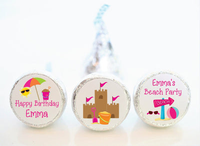 Beach Birthday Party Hershey Kiss Stickers - BEA001 - STICKERS ONLY :) - Thatsawrapfavors