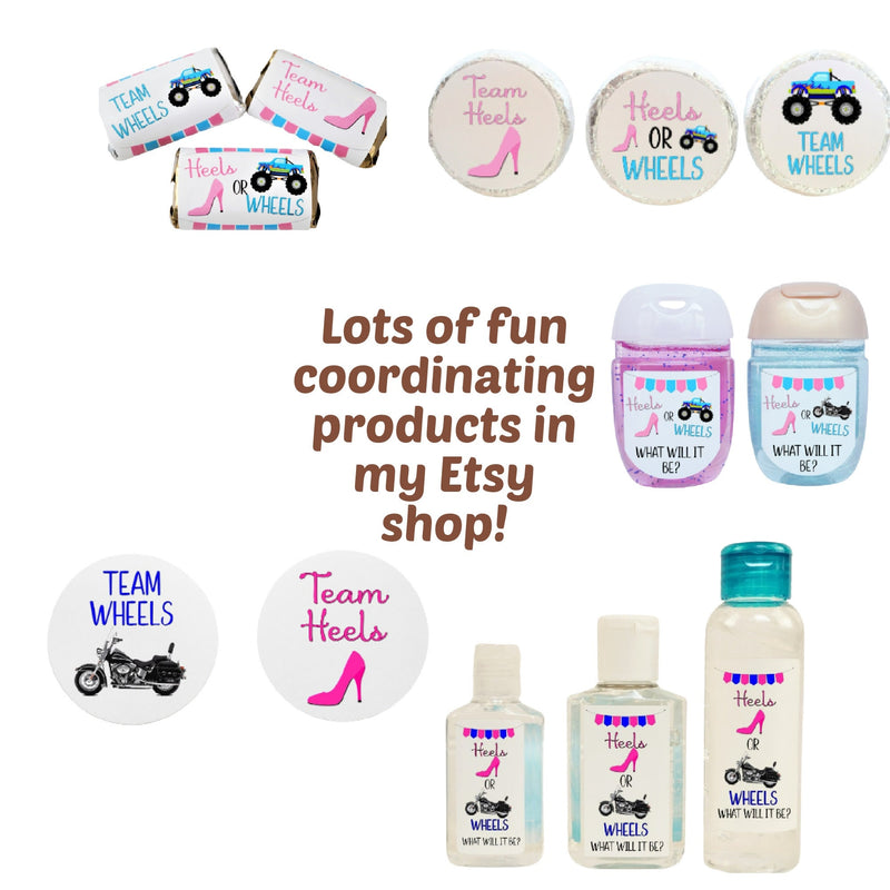 Heels or Wheels Gender Reveal Hand Sanitizer Labels - Several Size Options - HOW140 - LABELS ONLY :) - Thatsawrapfavors