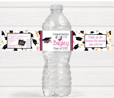 Pink Black Graduation Party Water Bottle Labels - GRD220 - LABELS ONLY :) - Thatsawrapfavors