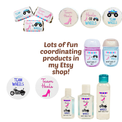 Heels or Wheels Theme Gender Reveal Hershey Miniatures Labels  - HOW340 - STICKERS ONLY :) - Thatsawrapfavors