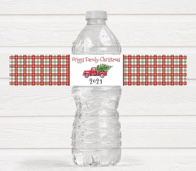 Red Vintage Truck Christmas Party Water Bottle Labels - CHR220 - LABELS ONLY :) - Thatsawrapfavors
