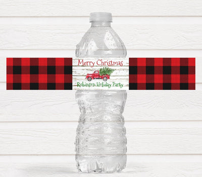 Rustic Red Vintage Truck Christmas Party Water Bottle Labels - CHR221- LABELS ONLY :) - Thatsawrapfavors