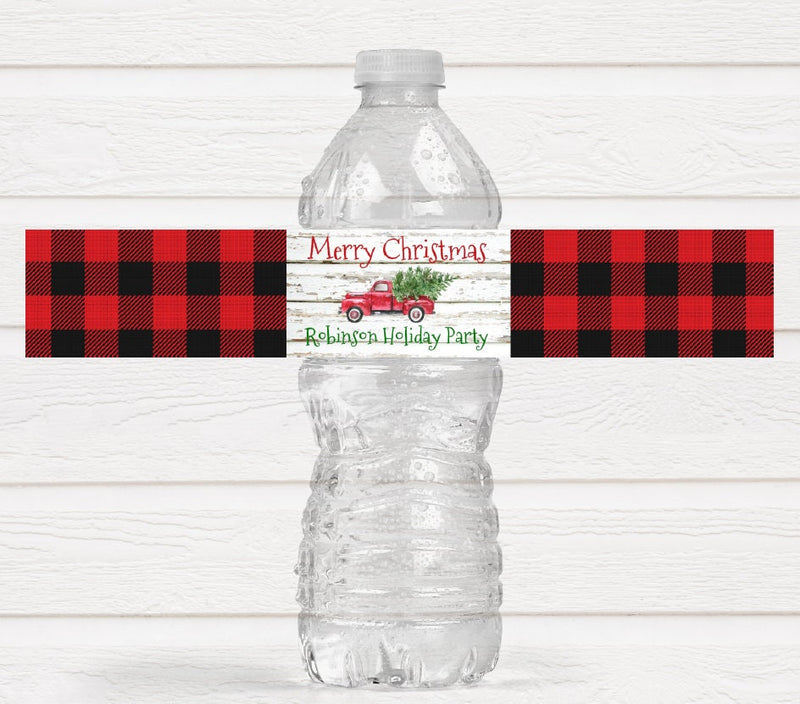 Rustic Red Vintage Truck Christmas Party Water Bottle Labels - CHR221- LABELS ONLY :) - Thatsawrapfavors
