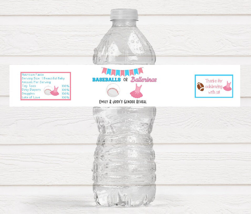 Baseballs or Ballerinas Gender Reveal Baby Shower Water Bottle Labels - BAB220 - LABELS ONLY :) - Thatsawrapfavors