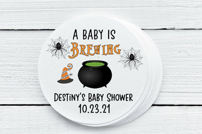 Baby is Brewing Halloween Theme Baby Shower Favor Labels - Gift Tags - Several Sizes Available - BIB02 - Thatsawrapfavors