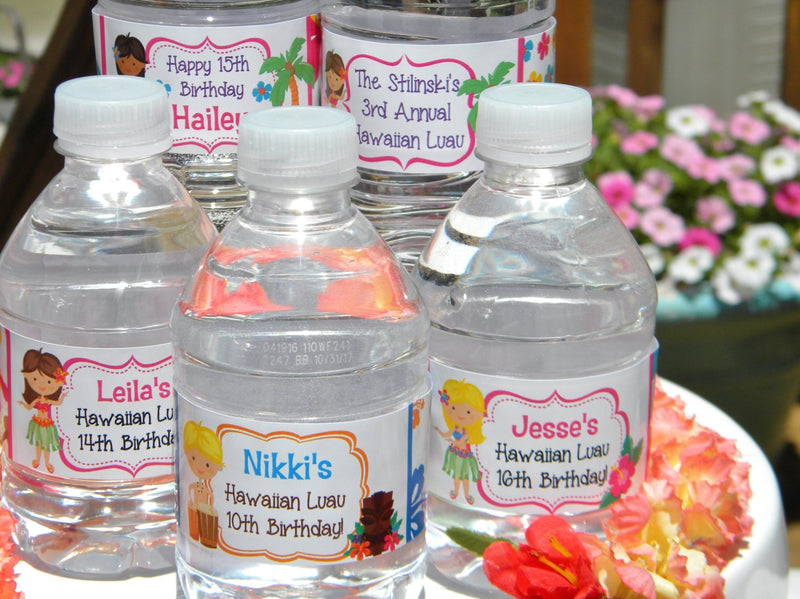 Hawaiian Luau Birthday Party Water Bottle Labels - HAW221 - LABELS ONLY :) - Thatsawrapfavors